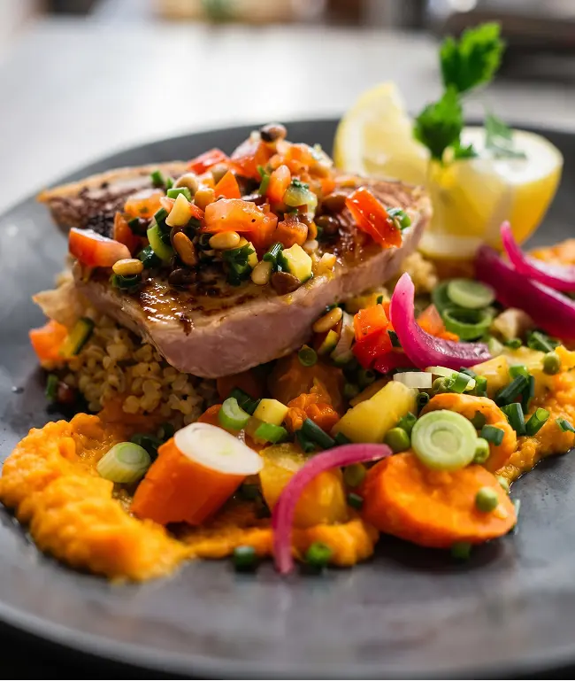 Pavé de thon grillé accompagné de légumes au restaurant Les Rois Maj