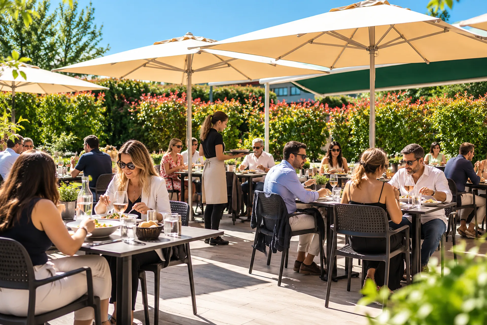 Déjeuner en terrasse sous les parasols au restaurant Les Rois Maj à Meyreuil