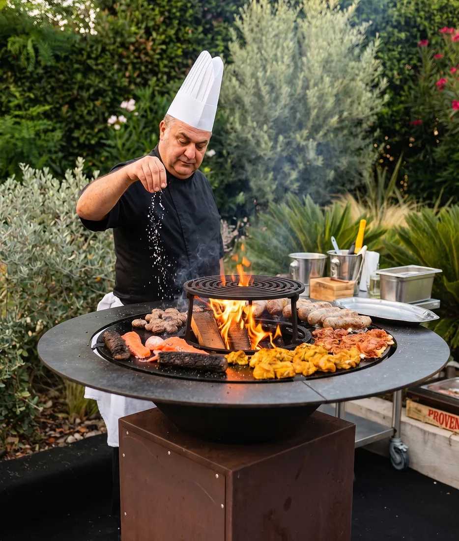Chef préparant des grillades au brasero pour les événements traiteur des Rois Maj