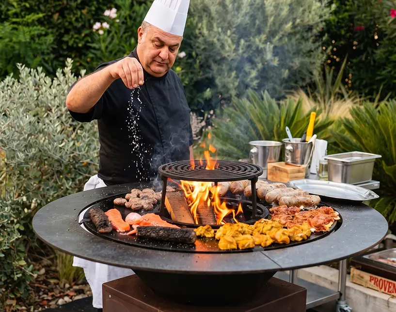 Chef salant les grillades sur une brasero culinaire lors d'un cocktail dînatoire à Aix-en-Provence